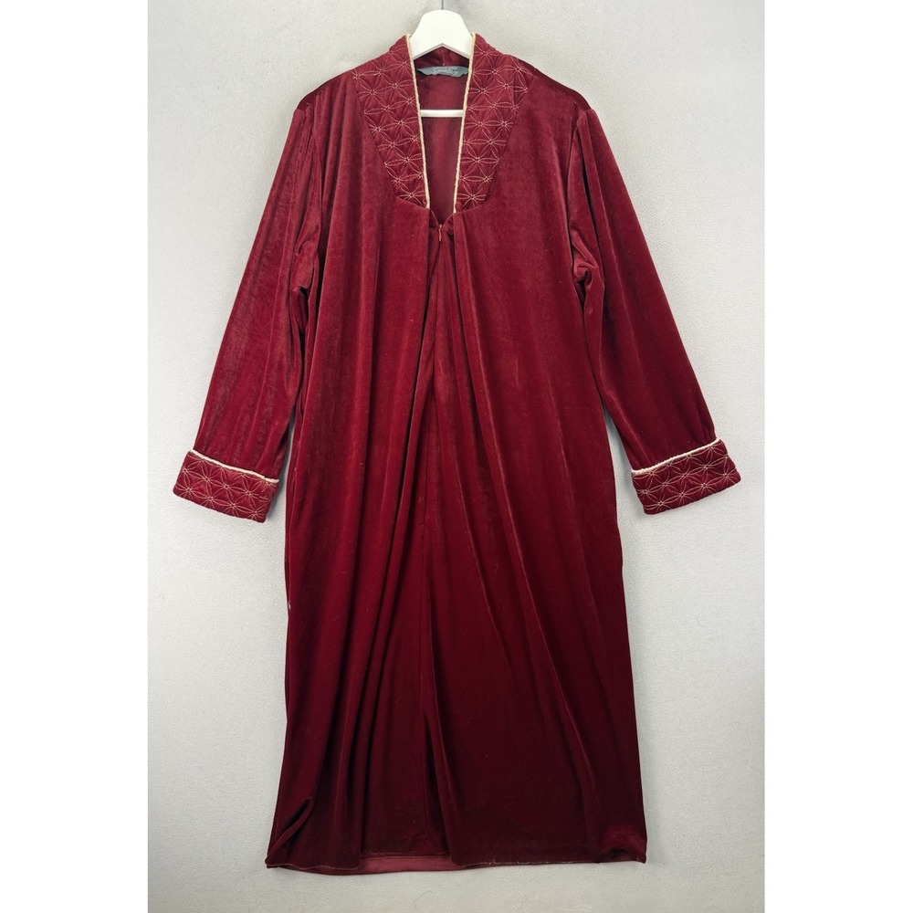 Vintage Jasmine Rose Red Sueded Zip Robe Floral Embroidered Pockets Size Medium